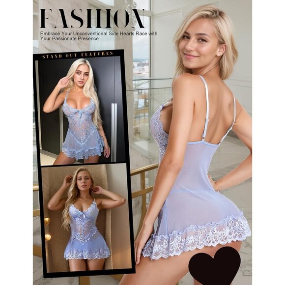 Women Light Blue Lingerie Lace Babydoll Mesh Chemise Sleepwear Bridal Nightdress - Picture 5 of 5